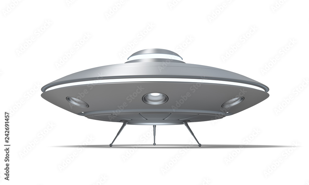 Aufkleber 3d rendering of a ufo standing on the ground with its hatch open isolated on a white background.
