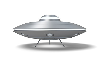 Naklejka na ściany i meble 3d rendering of a UFO standing on the ground with its hatch open isolated on a white background.