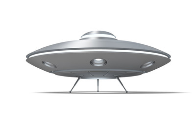 3d rendering of a UFO standing on the ground with its hatch open isolated on a white background.