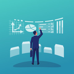 Business analytics. Workplace businessman, chart on big screen. Strategy and planning. Auditing examination of financial report. Accounting research. Vector flat design. Data and investments. 