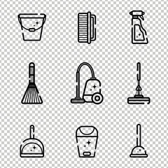 Vector set of flat icons for cleaning tools at home. Isolated objects on a transparent background. Cleaning the room, washing the floor and windows. Linear style