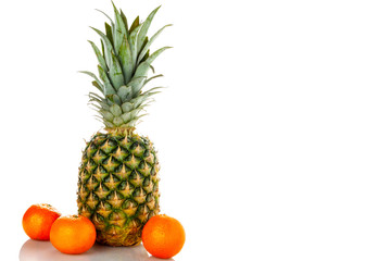 Fototapeta na wymiar Pineapple with three small tangerines on a white background. Isolate.