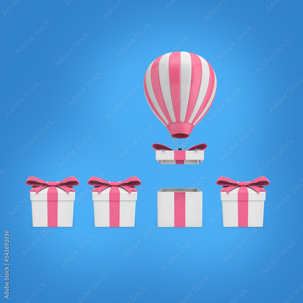 Poster 3d rendering of four square wrapped present boxes one opened with air balloon