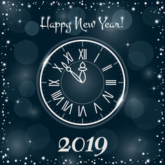 Creative greeting card Happy New Year 2019 and Merry Christmas on a blue background. Luxury watches, numbers and text with twinkling stars and snowflakes. Used as a flyer, poster, invitation.