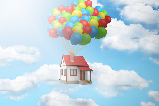 3d rendering of a house lifted up in the air by a large bundle of balloons against blue sky with white clouds.