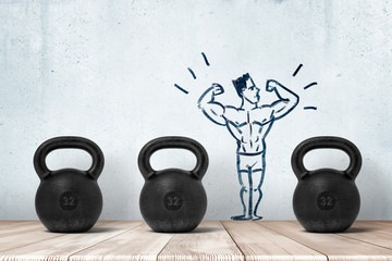 Naklejka na ściany i meble 3d rendering of three kettlebells in a row on wooden floor with a little stylized image of athlete in underpants on the wall.