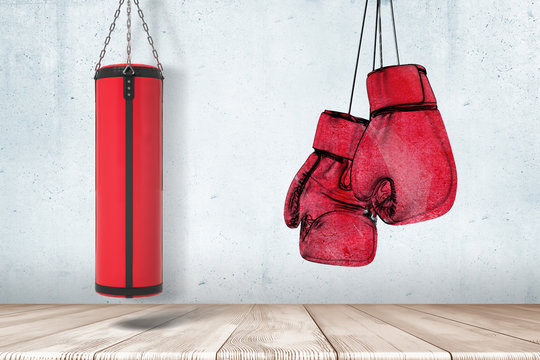 3d rendering of red punching bag and boxing gloves on grey wall and white wooden floor background