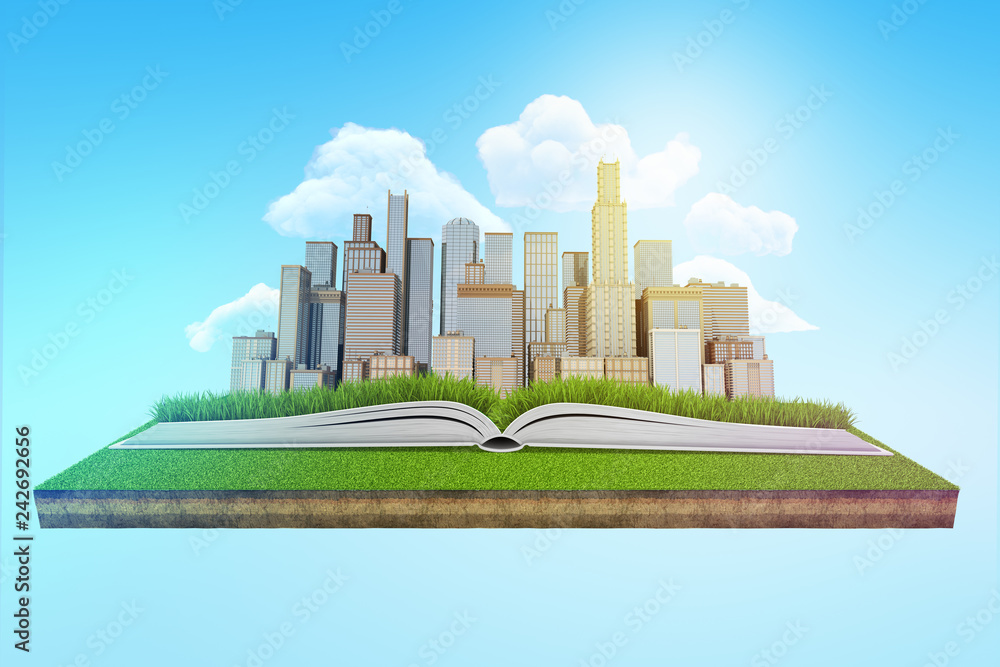 Poster 3d rendering of a modern city rising from an open book which lies on a patch of green lawn floating 