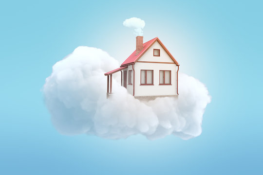 3d rendering of white private house on top of white cloud with blue background