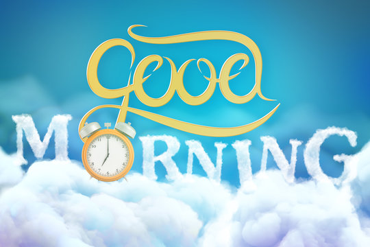 3d rendering of 'Good Morning' sign with golden alarm clock on blue sky white clouds background