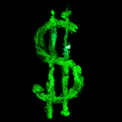 dollar sign from green colorful smoke isolated on black background