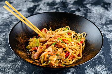Udon noodles with vegetables, duck meet