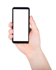 Man s hand holding mobile smart phone with blank screen, isolated on a white background.