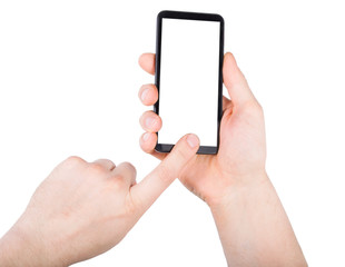 A hand touching black phone mobile screen isolated on white background