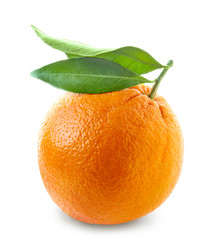 Fresh Orange with green leaves isolated on white background