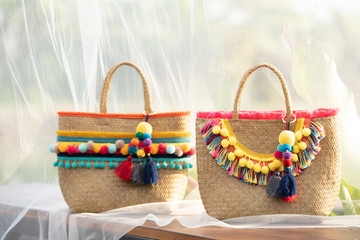 Straw shopping bags,Close Up Of A Large Natural Plant Fibre Jute Burlap Bags Eco-Friendly and Reusable In Natural Brown Color.