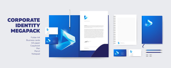 Corporate Identity Design Megapack. Stationery Corporate Design Vector Mockup. Business Creative Logo on A4 Letter, Folder and Visit Card. Branding.