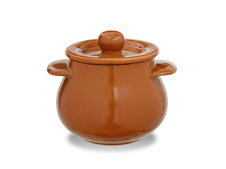 clay, ceramic pot with a cover isolated on a white background with a shadow