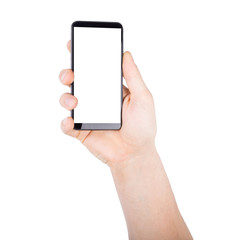 Man s hand holding mobile smart phone with blank screen, isolated on a white background.