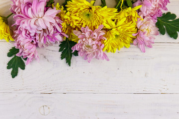 Beautiful chrysanthemums on white wooden background. Top view, copy space