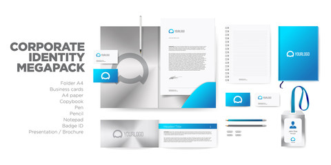 Corporate Identity Style with Logo Branding. Visit Card, A4 Folder and Letter, Presentation and Badge, Envelope and Book. Stationery Mockup Megapack Set Vector. Blue Color.