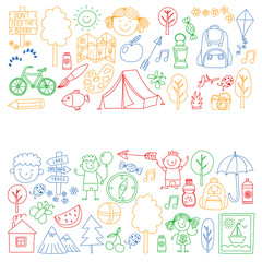 Vector set of camping, hiking icons for little children. School and kindergarten kids vacation.