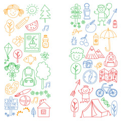 Vector set of camping, hiking icons for little children. School and kindergarten kids vacation.