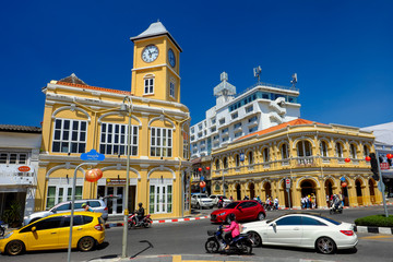 Renovated Sino Portuguese Architecture in Phuket old town against blue sky. - obrazy, fototapety, plakaty