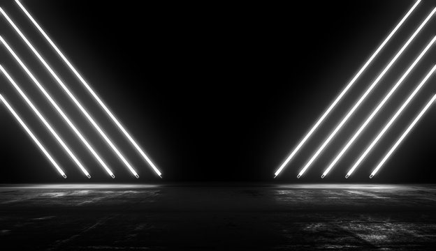 Neon Glowing Lights Futuristic Background. White colors Line In Empty Dark Room With Concrete Floor and Reflections.Future Sci Fi Concept. 3D Rendering Illustration