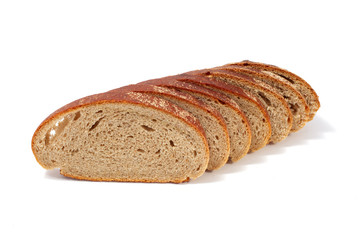 Slices of rye bread isolated on white background. Many pieces.
