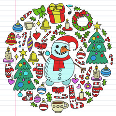 Vector set of Christmas, holiday icons in doodle style. Painted, colorful, pictures on a piece of linear paper on white background.