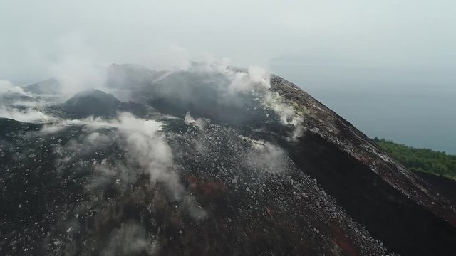 Aerial Footage of Krakatoa crater (Anak Krakatau) taken Oct 2017 -Panning Shot of crater and surrounding islands - Raw Footage