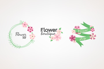 Fototapeta na wymiar Bright logo for flower shop. Set of isolated flower symbols, logotypes or badges, icons and signs. Colored design elements for flower shop, store, boutique or florist.
