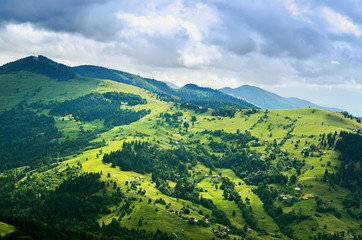 aerial view, mountain hills, home. summer landscape. Ukraine Carpathians