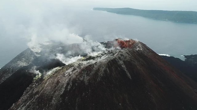 Aerial Footage of Krakatoa (Anak Krakatau) taken Oct 2017 -Static Shot of steaming crater - Raw Footage