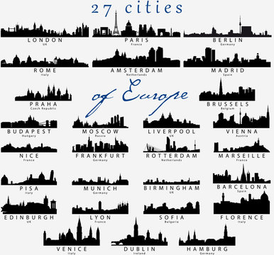 Detailed silhouettes of European cities