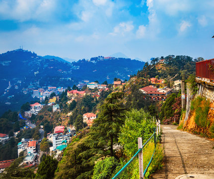 An Aerial Landscape View Of Mussoorie Or Mussouri Hill Top Peak City Located In Uttarakhand India With Colorful Buildings