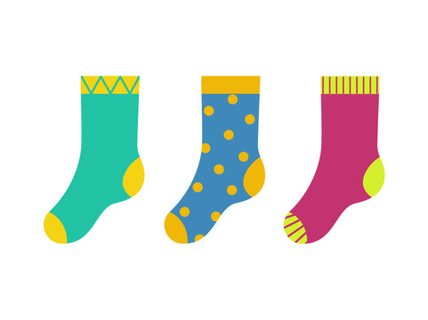 RVB de base. Vector illustration of set of kid colorful socks. Doted blue socks, Striped pink socks.