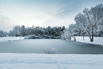 Image of a pond with trees and heavy snow in village Gernlinden