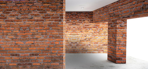 Empty room with old brick walls, large windows, bright rooms, sunlight. 3D illustration