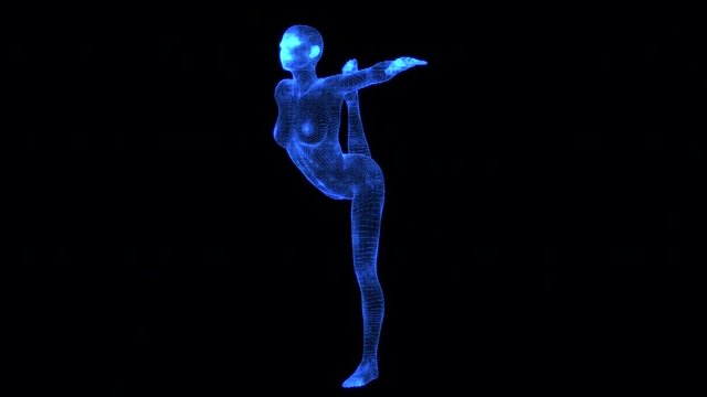 4K Holographic Future Android AI Woman Yoga Dancers Pose Seamless Loop
