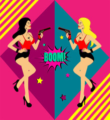 Pop art background with two girls and guns 