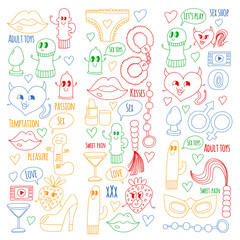 Funny icons for sex shop. Cute cartoon characters. Dildo, strawberry, condom, heart. Love and play