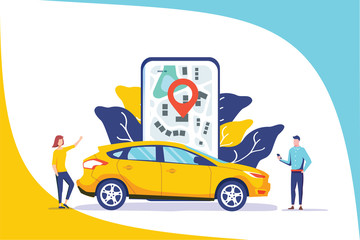 Online car sharing vector illustration concept, mobile city transportation with cartoon character and use smartphone