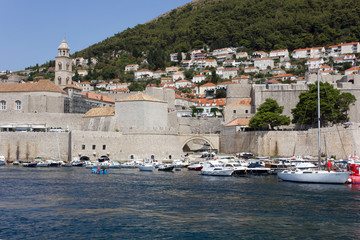 DUBROVNIK, CROATIA - AUGUST 22 2017: view from the sea of Dubrovnik city historic  town walls