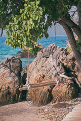 Empty wooden swing hanging from a tree on ropes on a tropical beach with rocks and sea in the background. Beautiful place for relaxation.