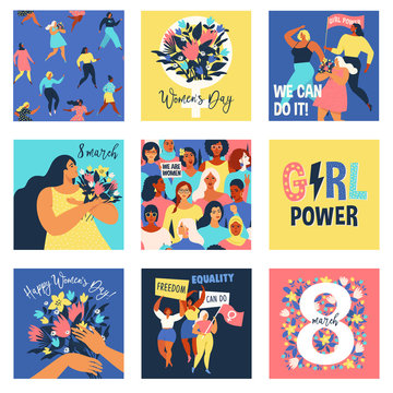 Set of vector illusttation. 8 march, International Womens Day. Feminism concept template design.