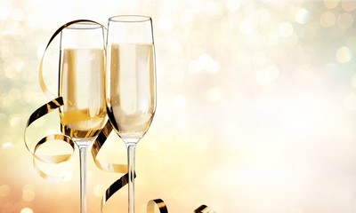 Close up Champagne bubbles in glass on black background