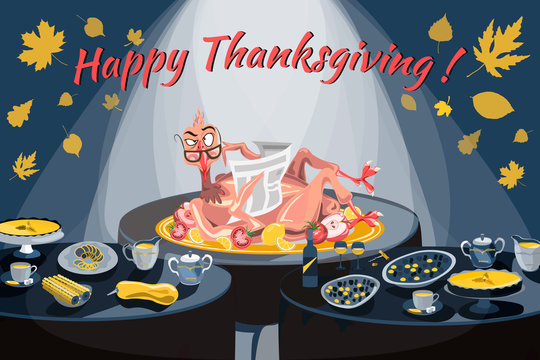Vector illustration of a turkey reading a newspaper with a brazen face on a festive table with other dishes. Thanksgiving greeting card, banner, poster design