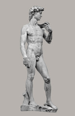 Fototapeta na wymiar Statue of handsome and strong David at Piazza Della Signoria in Florence, isolated at even background, Italy, details
